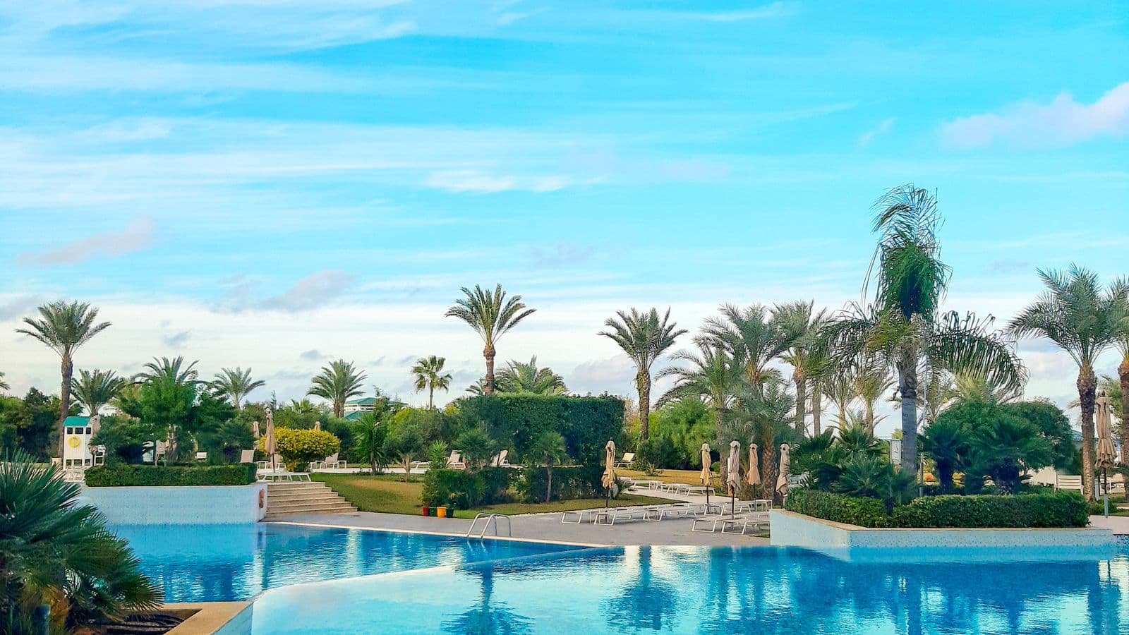 Infinity pool surrounded by palm trees at a luxury resort