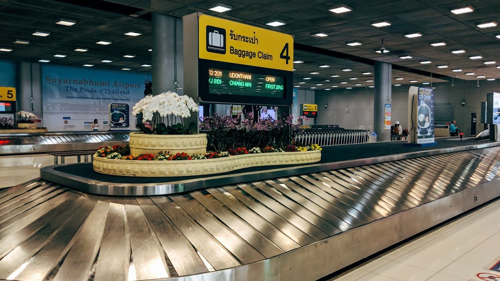 An airport baggage claim carousel under a Baggage Claim sign