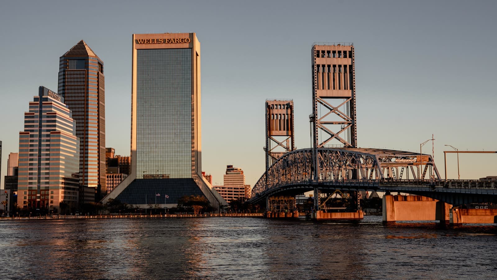 Downtown Jacksonville and the Main Street Bridge over the St. Johns River at golden hour