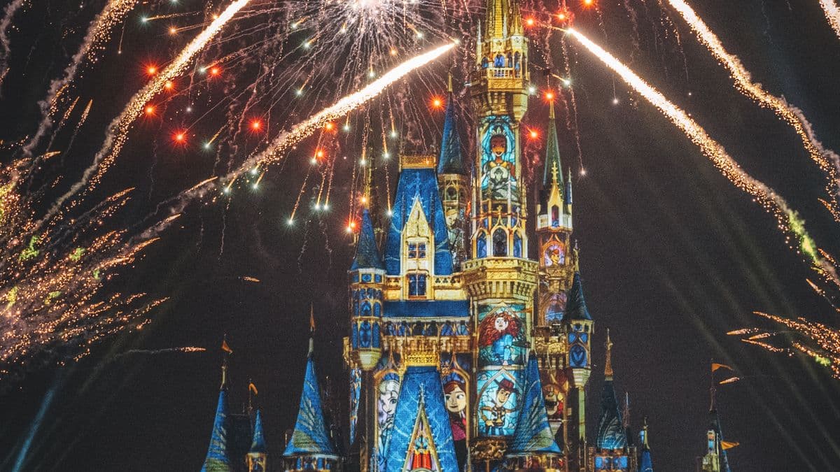 Fireworks over Cinderella Castle at night