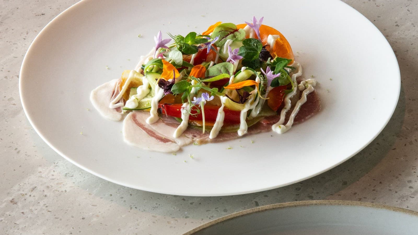 Chef plating a fine dining dish at a restaurant counter