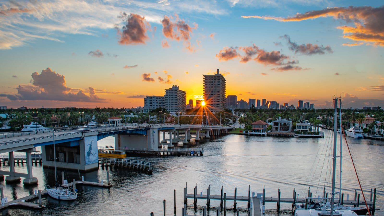 Waterfront dining terrace at dusk in South Florida