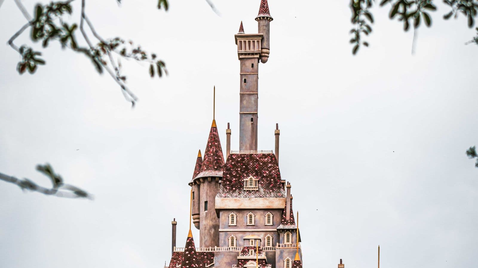 Fairytale castle turrets framed by tree branches at Disney World
