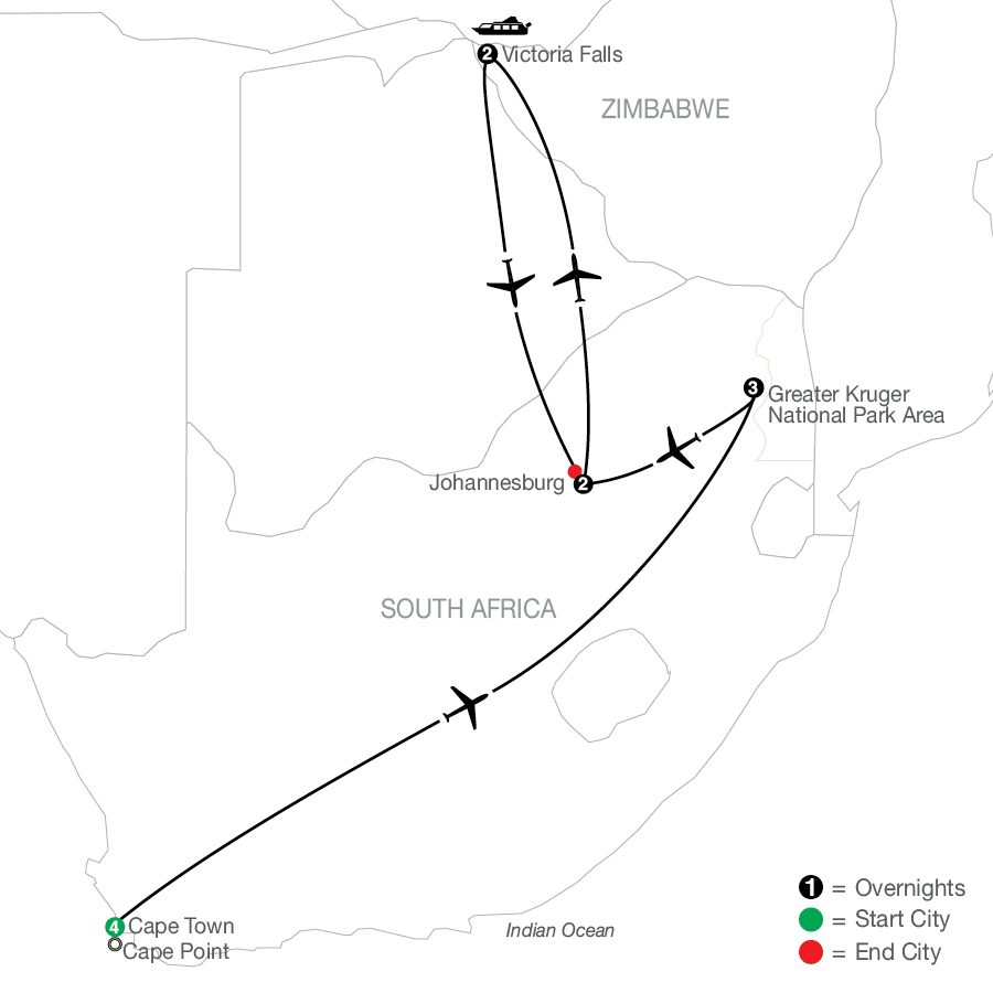 Splendors of South Africa & Victoria Falls route map
